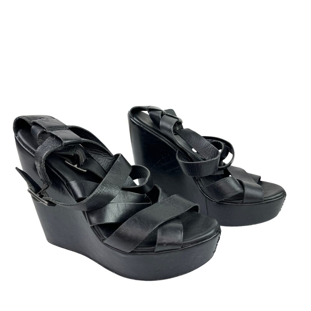 Kork-Ease Hailey Women's Wedge Sandals 7 Black Leather Crisscross Double Buckle